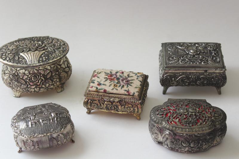 photo of vintage Japan cast metal jewelry boxes, velvet lined trinket box collection #12