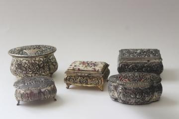 catalog photo of vintage Japan cast metal jewelry boxes, velvet lined trinket box collection