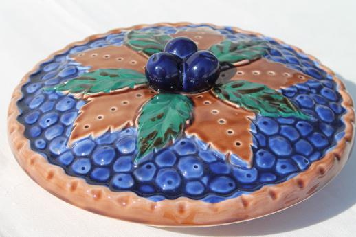 photo of vintage Japan ceramic blue berry pie keeper, pie pan dish w/ fruit pie cover #1