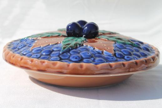 photo of vintage Japan ceramic blue berry pie keeper, pie pan dish w/ fruit pie cover #2