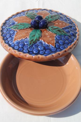 photo of vintage Japan ceramic blue berry pie keeper, pie pan dish w/ fruit pie cover #6