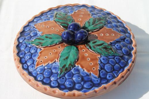 photo of vintage Japan ceramic blue berry pie keeper, pie pan dish w/ fruit pie cover #7