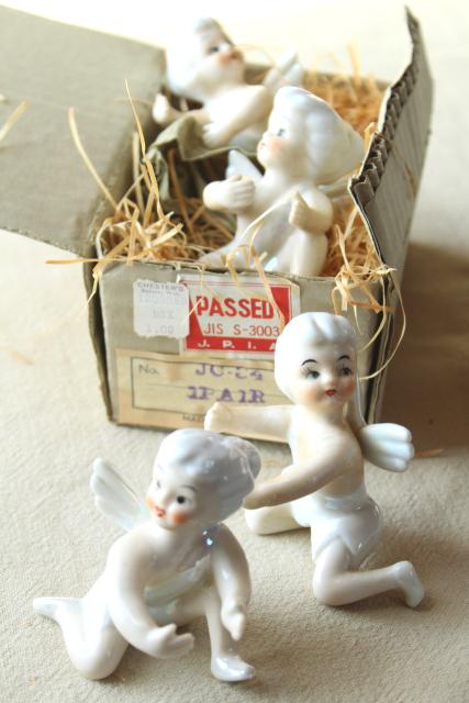 photo of vintage Japan ceramic candle huggers, little girl pixie angels w/ white hair & wings #1