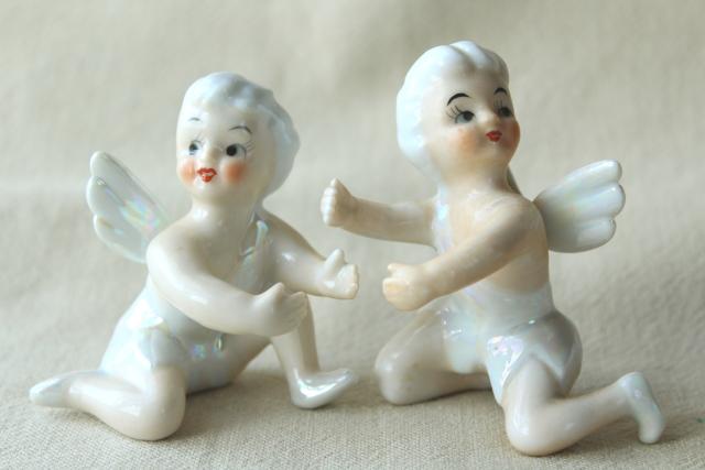 photo of vintage Japan ceramic candle huggers, little girl pixie angels w/ white hair & wings #2