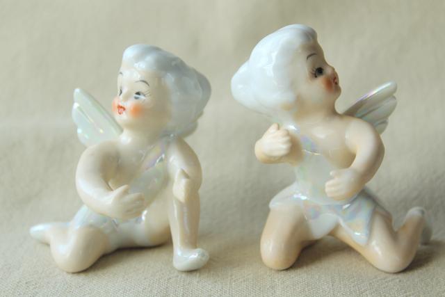 photo of vintage Japan ceramic candle huggers, little girl pixie angels w/ white hair & wings #4