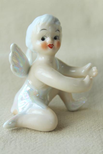 photo of vintage Japan ceramic candle huggers, little girl pixie angels w/ white hair & wings #5