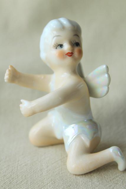 photo of vintage Japan ceramic candle huggers, little girl pixie angels w/ white hair & wings #6