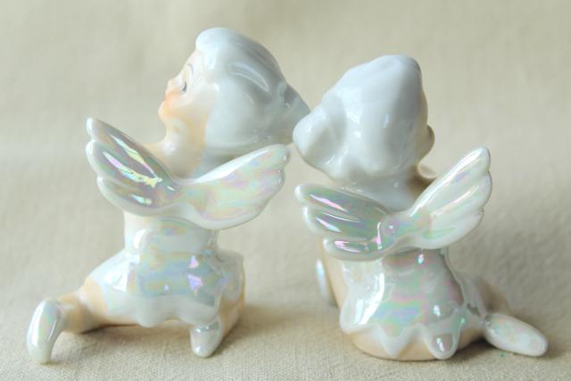 photo of vintage Japan ceramic candle huggers, little girl pixie angels w/ white hair & wings #7