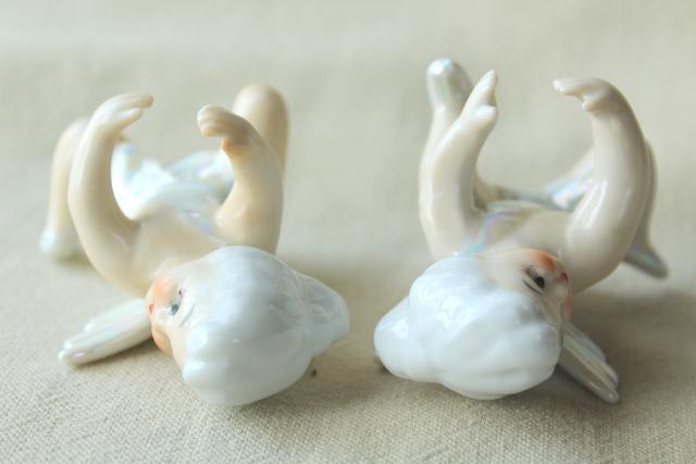 photo of vintage Japan ceramic candle huggers, little girl pixie angels w/ white hair & wings #9