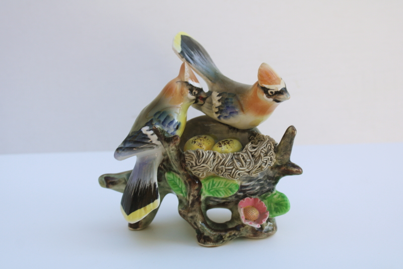 photo of vintage Japan ceramic cedar waxwings figurine, hand painted china birds w/ nest  #1