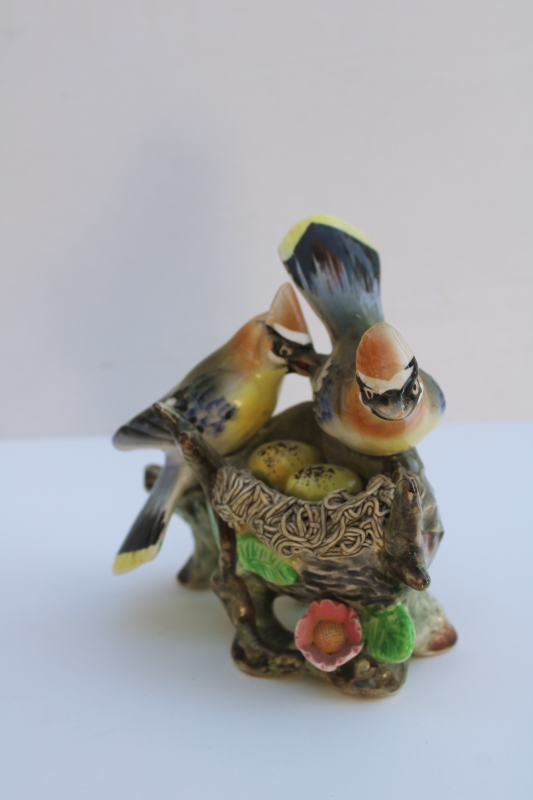 photo of vintage Japan ceramic cedar waxwings figurine, hand painted china birds w/ nest  #3