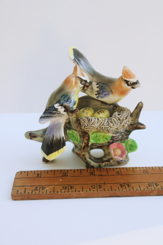 photo of vintage Japan ceramic cedar waxwings figurine, hand painted china birds w/ nest  #7