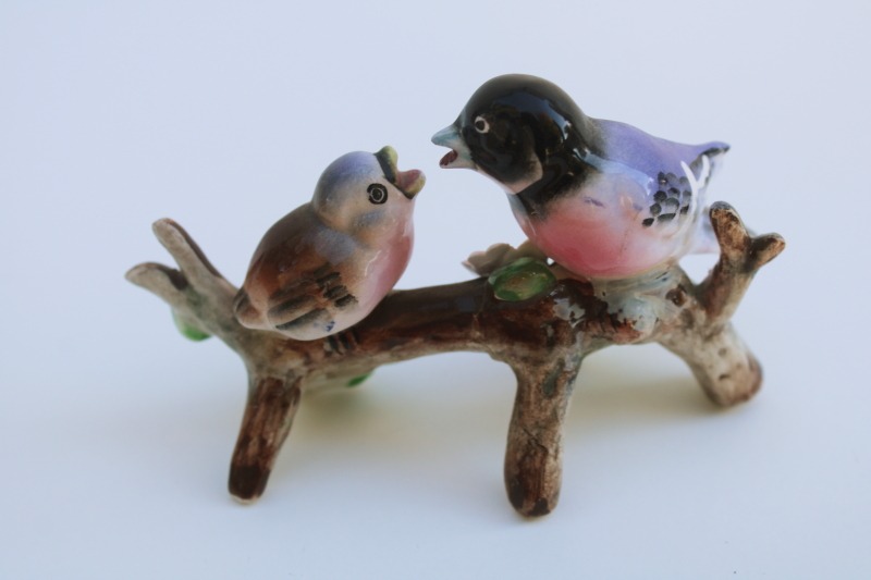 photo of vintage Japan ceramic chickadee figurine, hand painted china birds on branch  #2