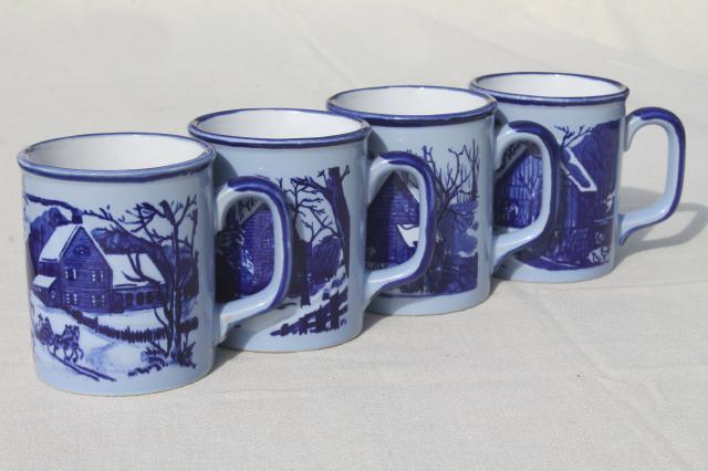 photo of vintage Japan ceramic coffee mugs, blue & white Currier & Ives mug set #1