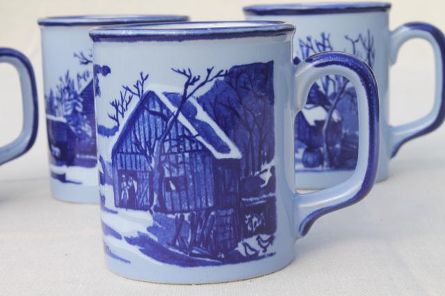 photo of vintage Japan ceramic coffee mugs, blue & white Currier & Ives mug set #2