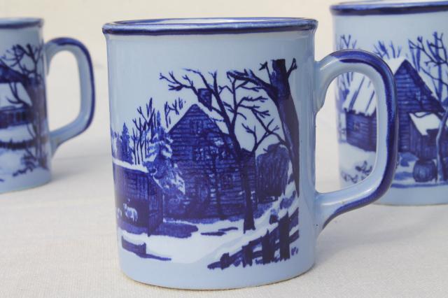 photo of vintage Japan ceramic coffee mugs, blue & white Currier & Ives mug set #4