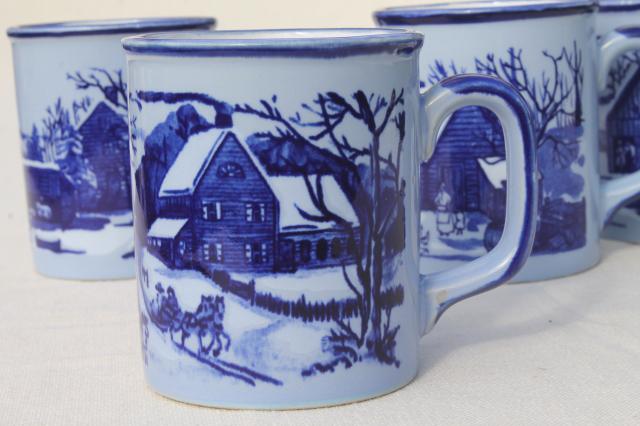 photo of vintage Japan ceramic coffee mugs, blue & white Currier & Ives mug set #5