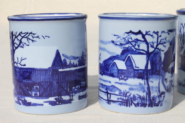 photo of vintage Japan ceramic coffee mugs, blue & white Currier & Ives mug set #6
