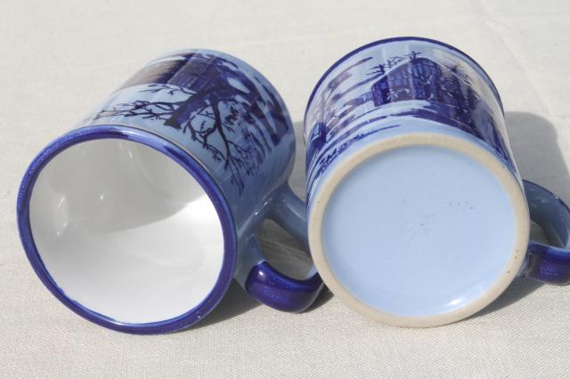 photo of vintage Japan ceramic coffee mugs, blue & white Currier & Ives mug set #8