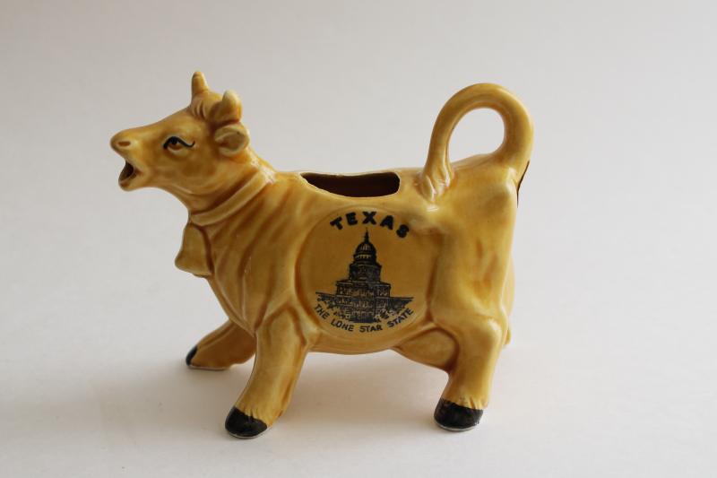 photo of vintage Japan ceramic cow cream pitcher, souvenir of Texas cow creamer #1