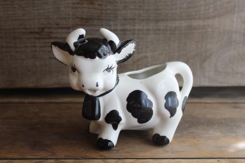 photo of vintage Japan ceramic cow creamer, black & white holstein w/ big eyelashes #1