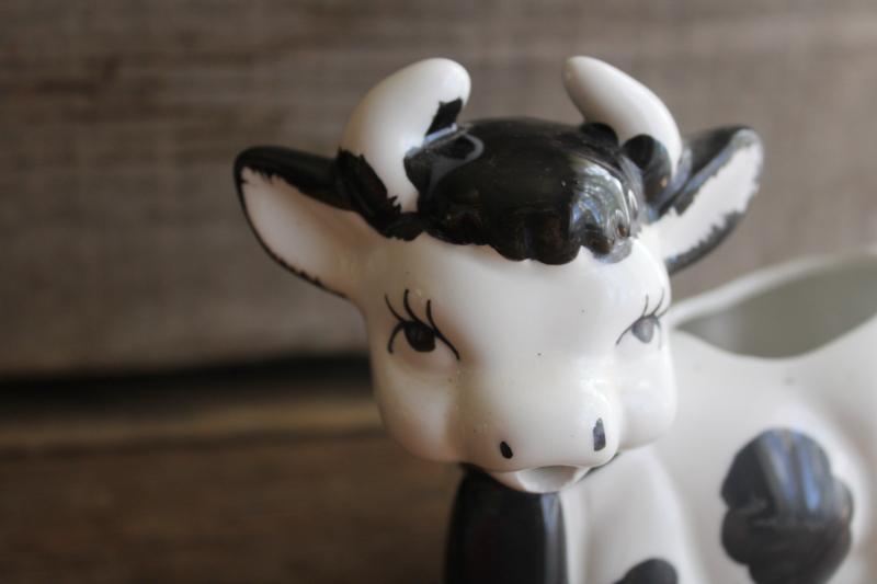 photo of vintage Japan ceramic cow creamer, black & white holstein w/ big eyelashes #2