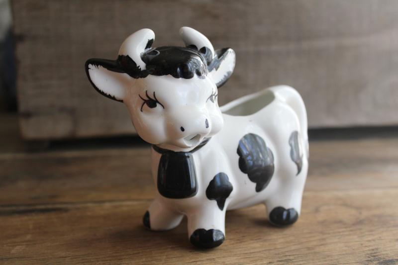 photo of vintage Japan ceramic cow creamer, black & white holstein w/ big eyelashes #6