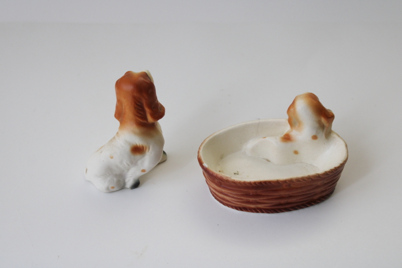 photo of vintage Japan ceramic figurines, china spaniels, mama dog & puppy baby in basket #4