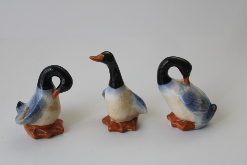 photo of vintage Japan ceramic figurines, trio of ducks, mid-century mod decor #1