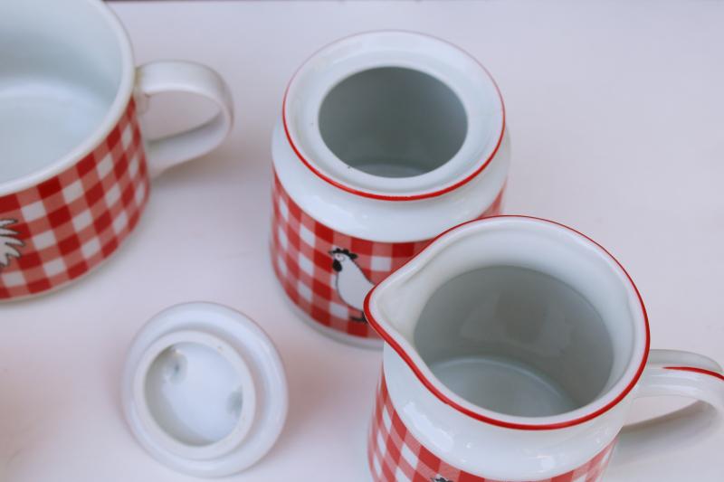 photo of vintage Japan ceramic kitchen set, rooster / red gingham S&P, soup mugs, cream & sugar #4
