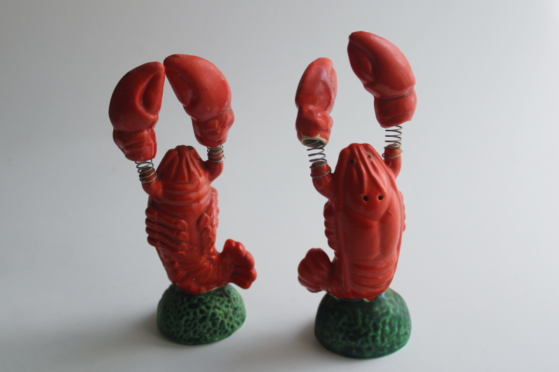 photo of vintage Japan ceramic lobster S&P shakers set, red lobsters waving claws  #1