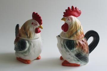 catalog photo of vintage Japan ceramic roosters creamer & sugar set w/ salt & pepper shakers 