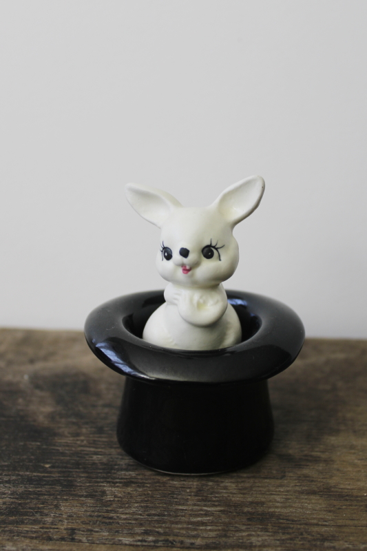 photo of vintage Japan ceramic salt & pepper shakers set, white rabbit in magicianâ€™s hat #1