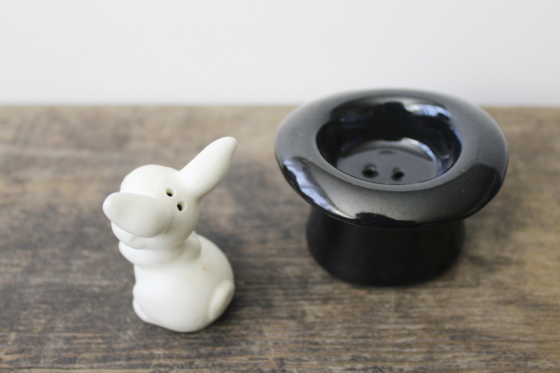 photo of vintage Japan ceramic salt & pepper shakers set, white rabbit in magicianâ€™s hat #2