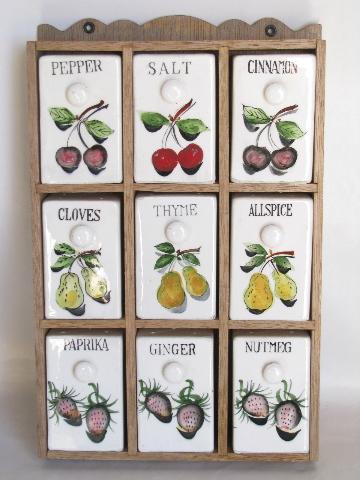 photo of vintage Japan ceramic spice set, wood cabinet, hand-painted china shakers #1