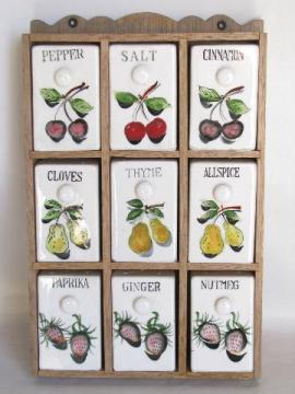 catalog photo of vintage Japan ceramic spice set, wood cabinet, hand-painted china shakers