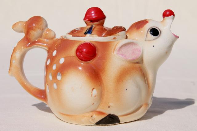 photo of vintage Japan ceramic teapot, Christmas Rudolph the red nosed reindeer china teapot #3