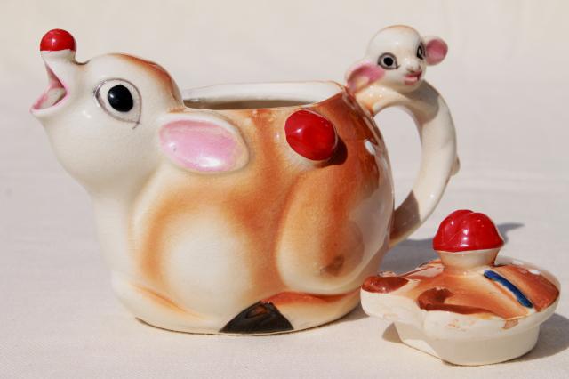 photo of vintage Japan ceramic teapot, Christmas Rudolph the red nosed reindeer china teapot #5