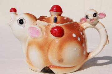 catalog photo of vintage Japan ceramic teapot, Christmas Rudolph the red nosed reindeer china teapot