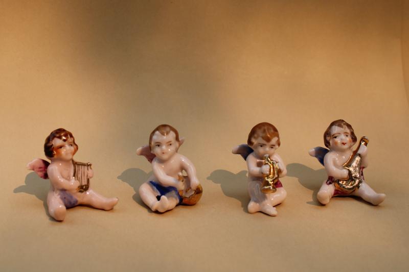 photo of vintage Japan cherub angels miniature china figurines, baby angel band w/ musical instruments #1