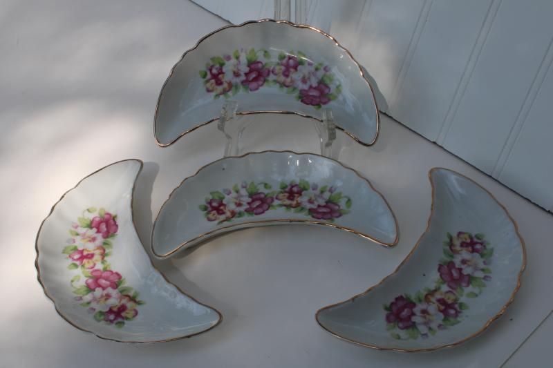 photo of vintage Japan china bone dishes, crescent shape side plates w/ pansies floral #1