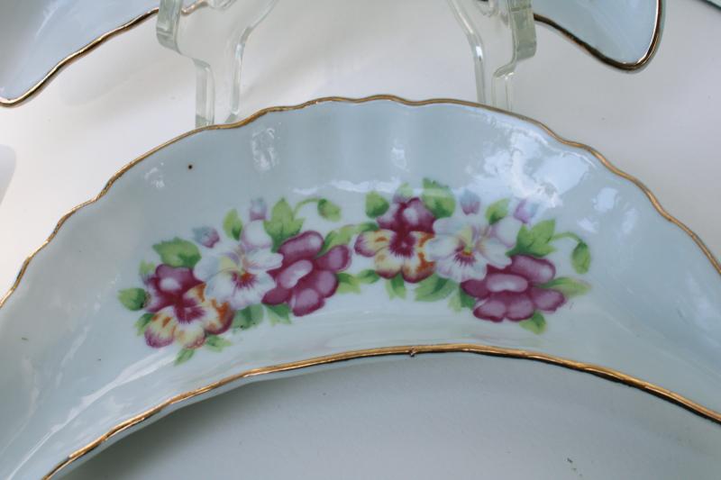 photo of vintage Japan china bone dishes, crescent shape side plates w/ pansies floral #2