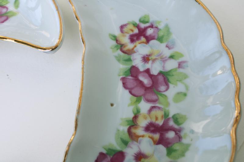 photo of vintage Japan china bone dishes, crescent shape side plates w/ pansies floral #3