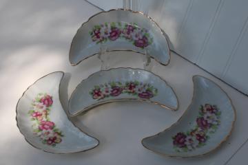 catalog photo of vintage Japan china bone dishes, crescent shape side plates w/ pansies floral