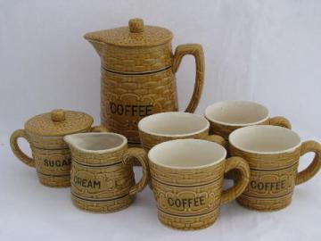 catalog photo of vintage Japan china coffee set, basket weave coffeepot, mugs, cream & sugar