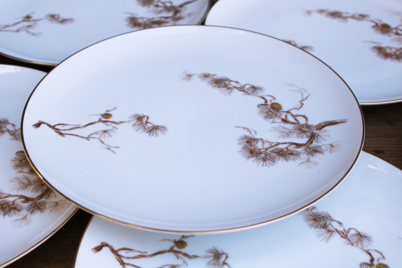 photo of vintage Japan china dinner plates Larchmont pine branches w/ cones, neutral rustic luxury winter holiday  #2