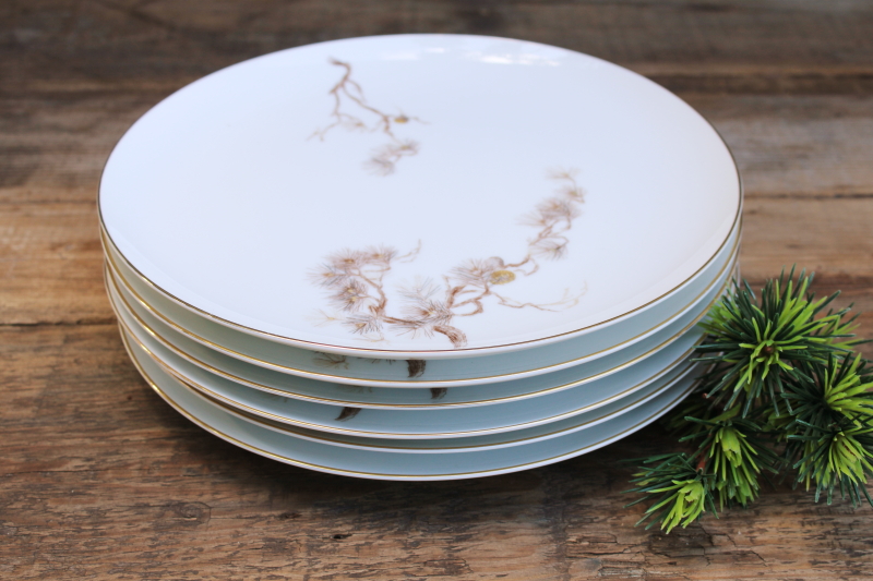 photo of vintage Japan china dinner plates Larchmont pine branches w/ cones, neutral rustic luxury winter holiday  #6