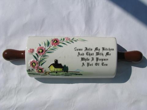 photo of vintage Japan china kitchen wall pocket vase, cute rolling pin w/ motto #1