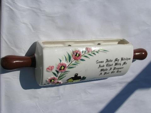 photo of vintage Japan china kitchen wall pocket vase, cute rolling pin w/ motto #2