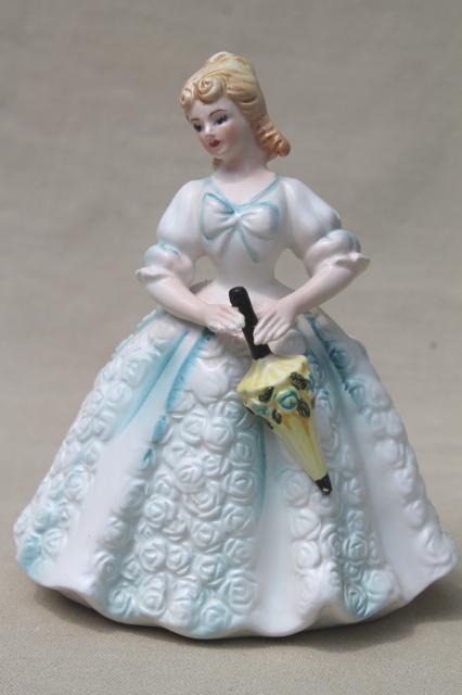 photo of vintage Japan china lady figurine, Cinderella blue & white pretty girl w/ parasol #2